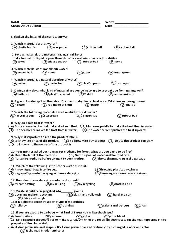 Science Quiz on Classifying Materials, Floating and Sinking, Product