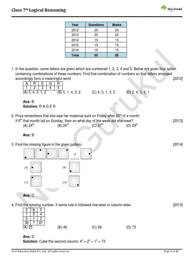 Class 7 Maths Olympiad Logical Reasoning Previous Years Papers With ...