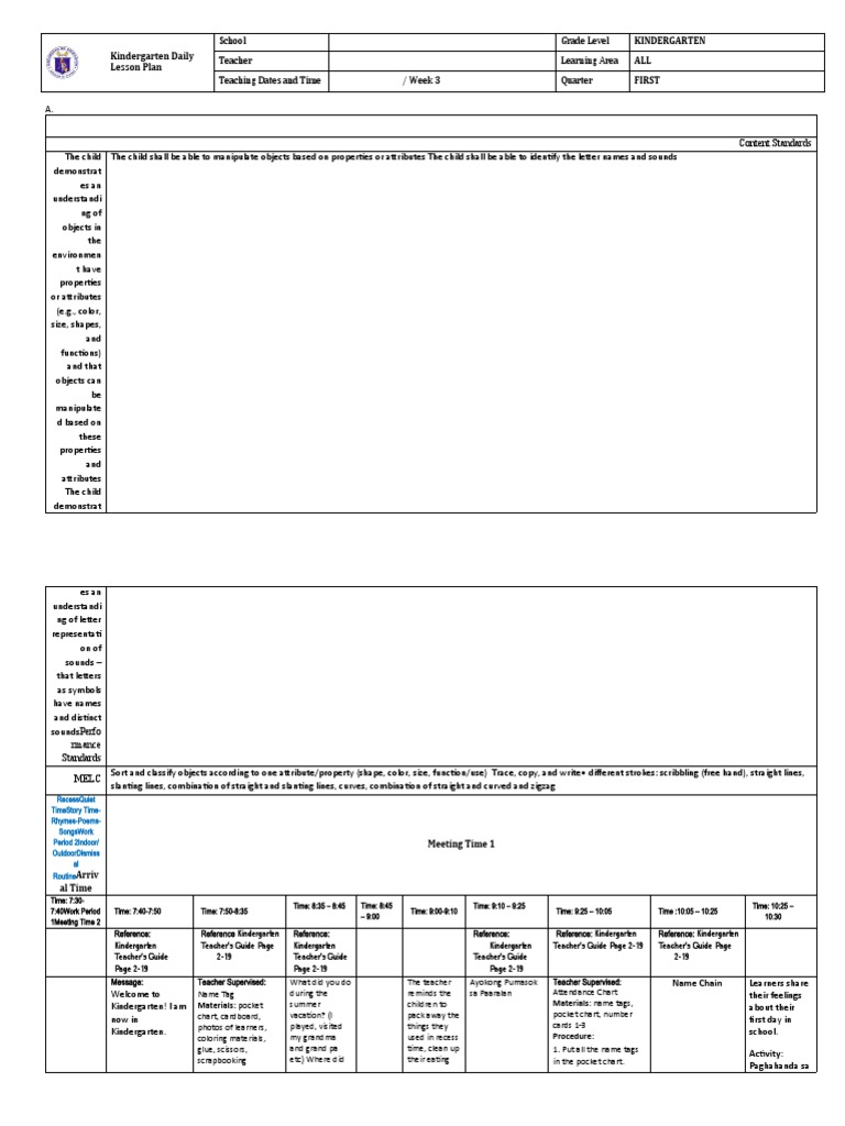 Kindergarten Weekly Lesson Plan | PDF
