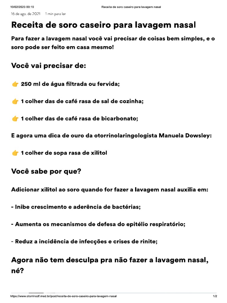 Receita de Soro Caseiro Para Lavagem Nasal | PDF