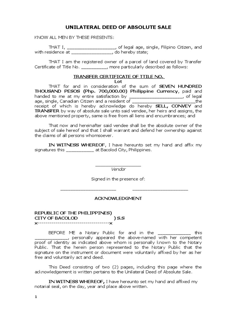 Unilateral Deed of Absolute Sale Template | PDF