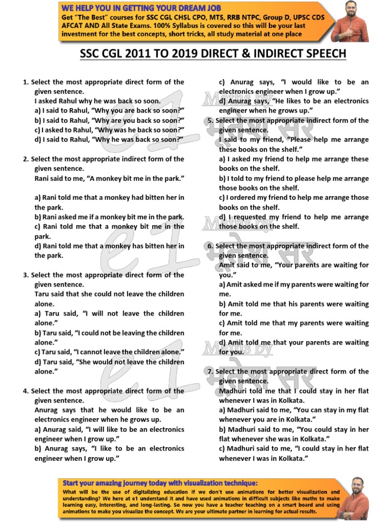 SSC CGL Direct and Indirect Speech Quiz | PDF | Question