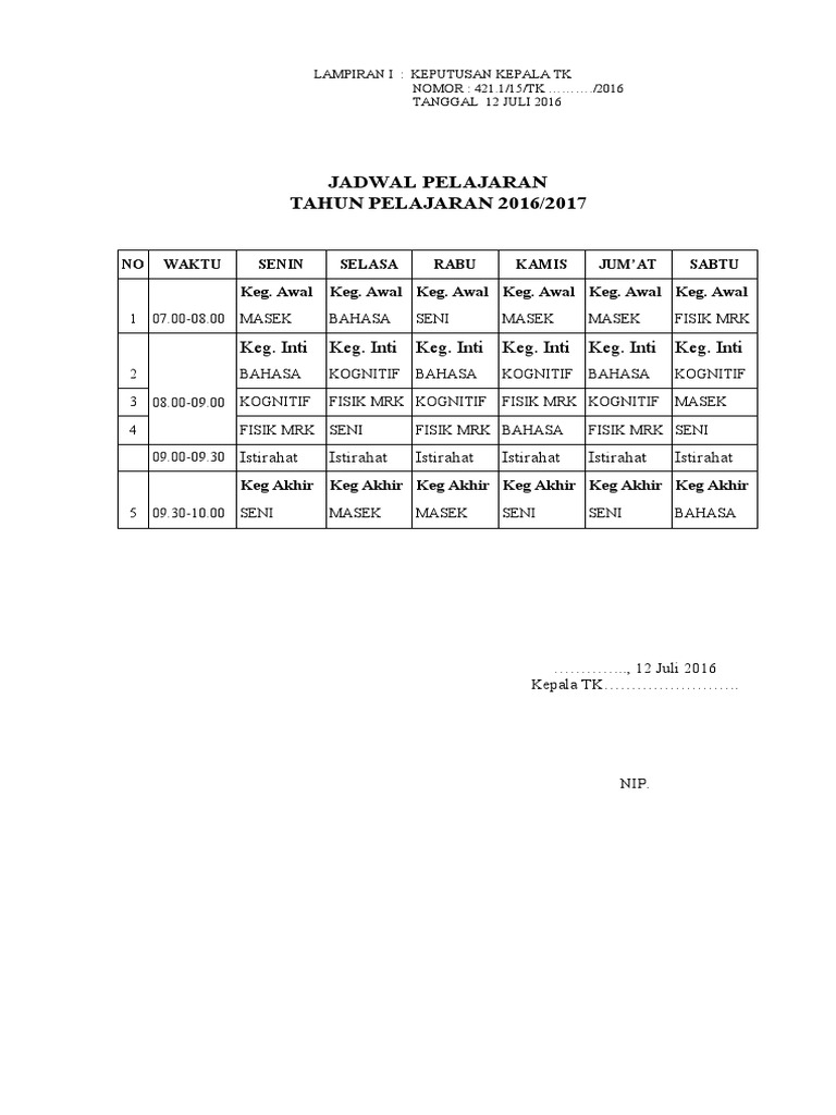 Jadwal Pelajaran TK | PDF