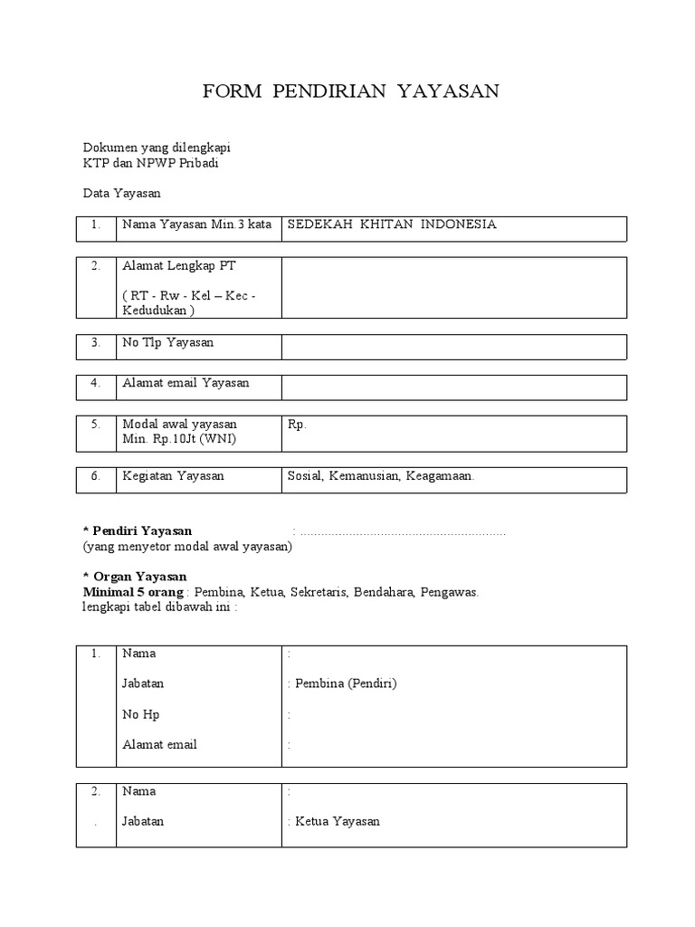 Form Pendirian Yayasan | PDF