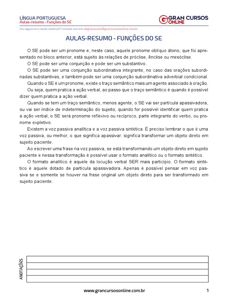 Aulas - Resumo - Funções Do SE | PDF | Assunto (gramática ...