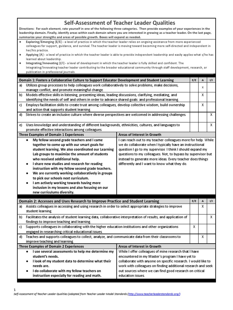 SelfAssessment of Teacher Leader Qualities PDF Educational
