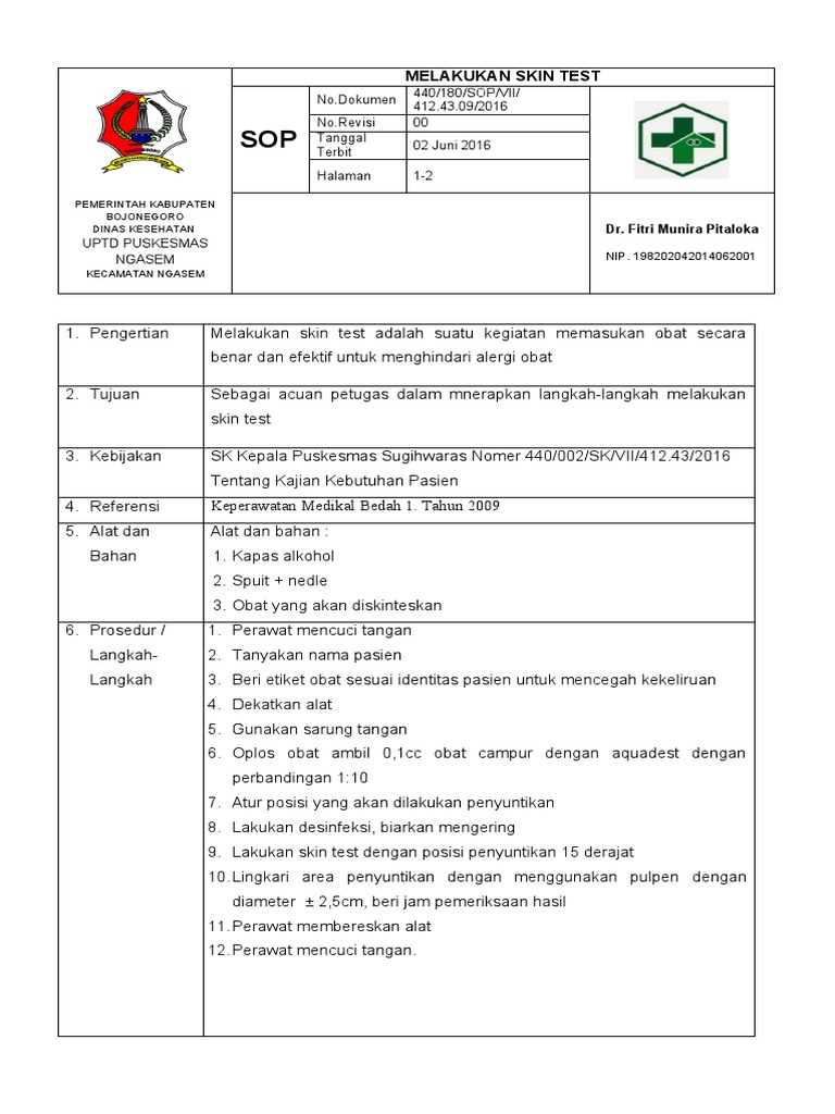 SOP Skin Test Kemenkes Bojonegoro | PDF