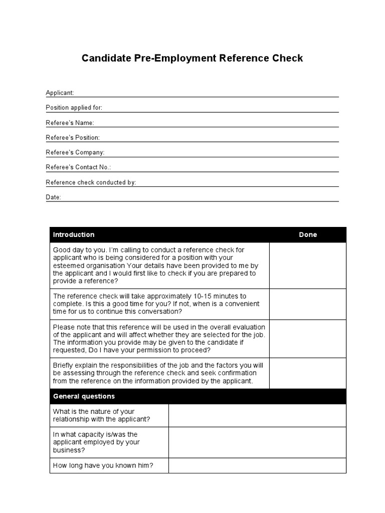 Candidate Pre-Employment Reference Check Form | PDF | Communication ...