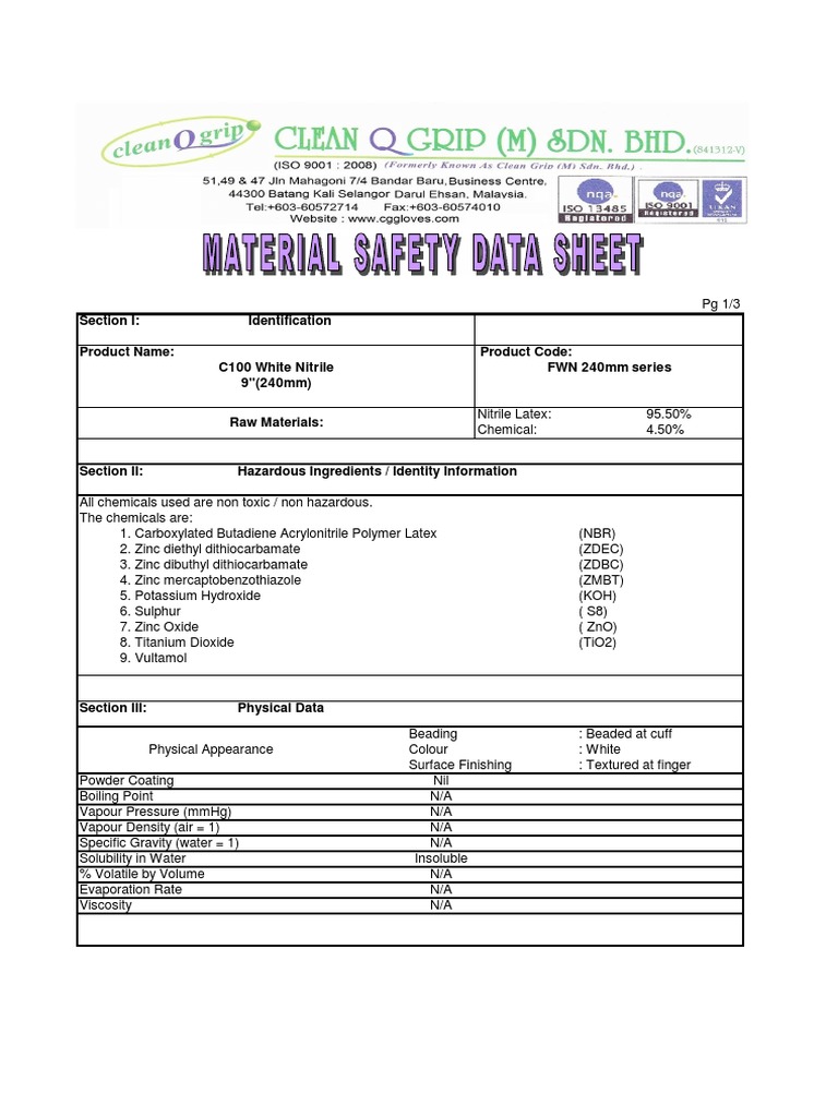 MSDSC100 White Nitrile 9 (240mm) PDF Zinc Oxide Hazards