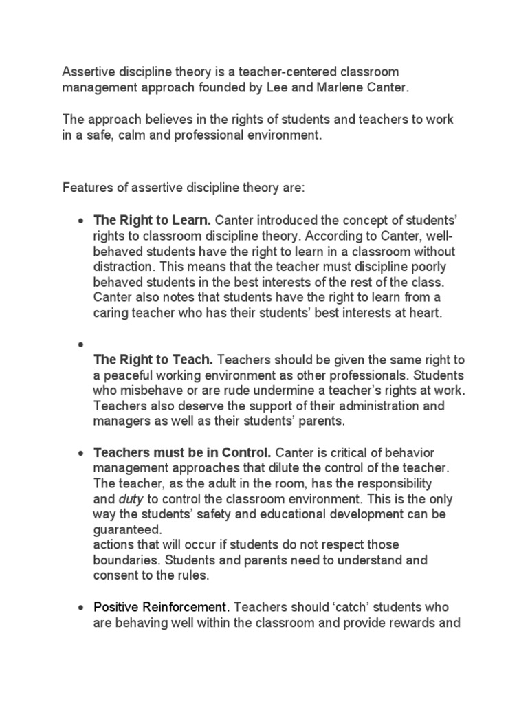 Assertive Discipline in Classroom Management | PDF | Teachers | Classroom
