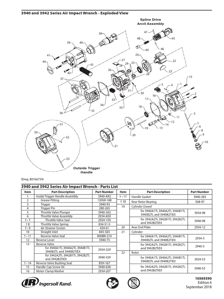 3940 and 3942 Series Air Impact Wrench Exploded View Spline Drive