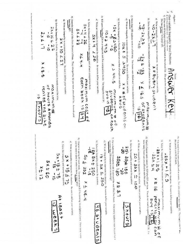 Inequality Word Problems HW PDF