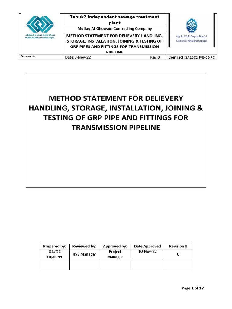 Method of Statement For GRP Work | PDF | Pipe (Fluid Conveyance ...