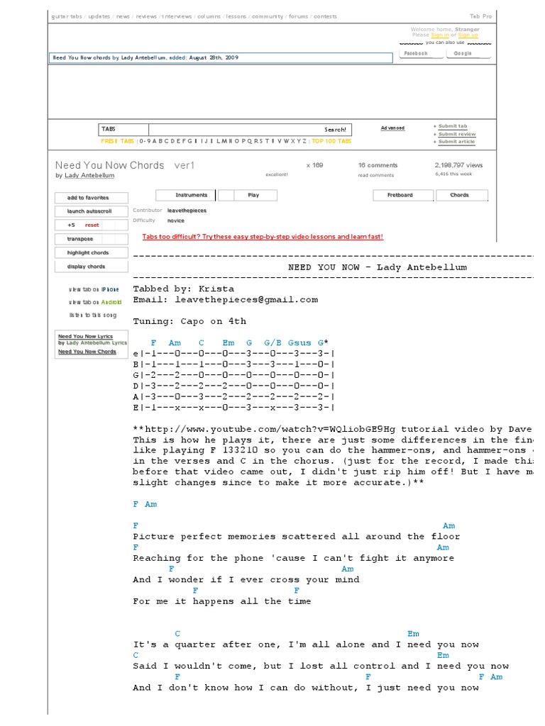 Need You Now Printable Guitar Chords