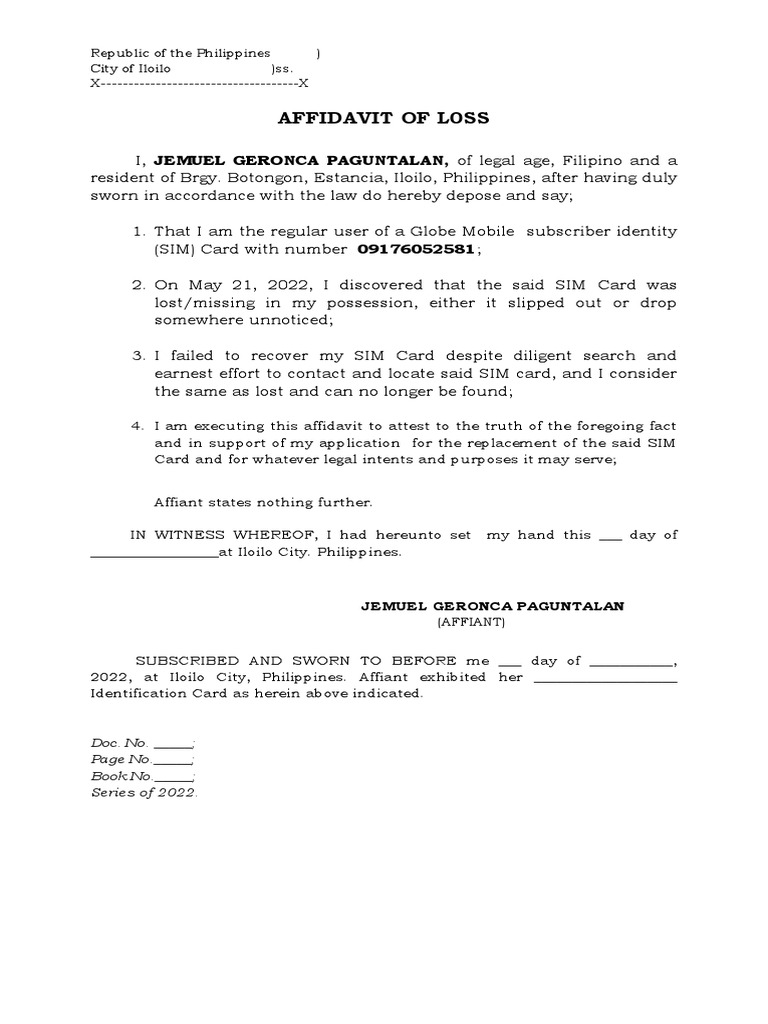 Affidavit of Loss Sim Card PDF