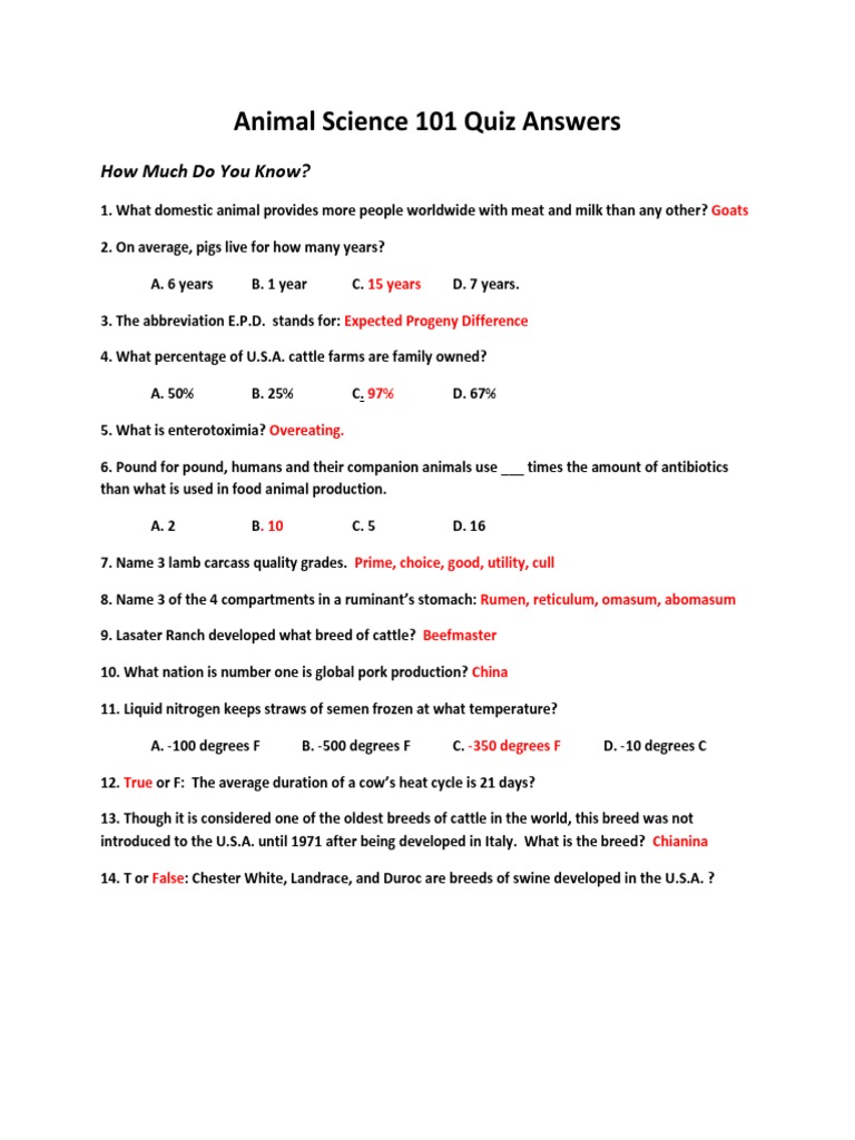 Animal Science Quiz Answers Overview | PDF