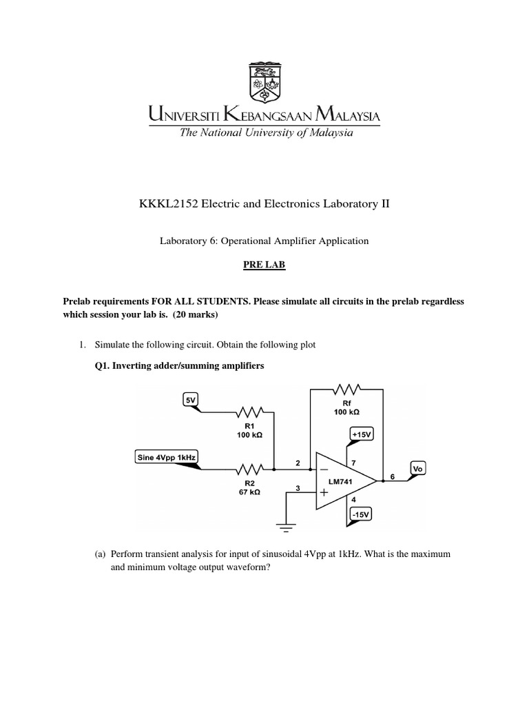 KKKL2152 Prelab and Instruction OpAmp Application Sem 1 20222023