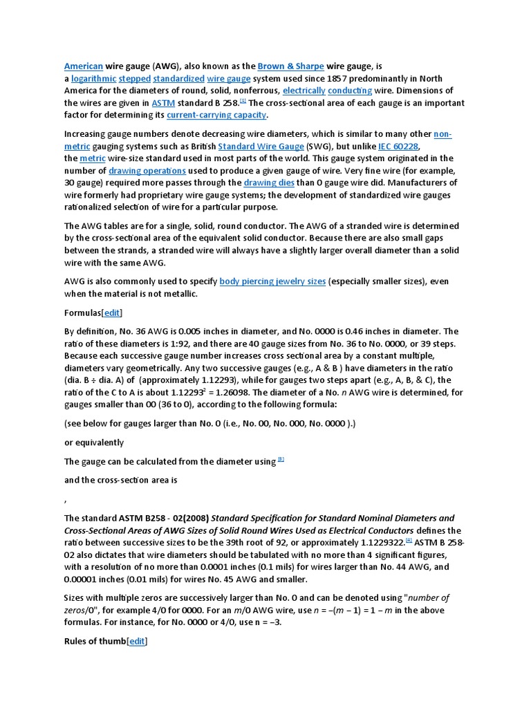 Standard Wire Gauge Sizes Formulas, Tables, and Properties of American