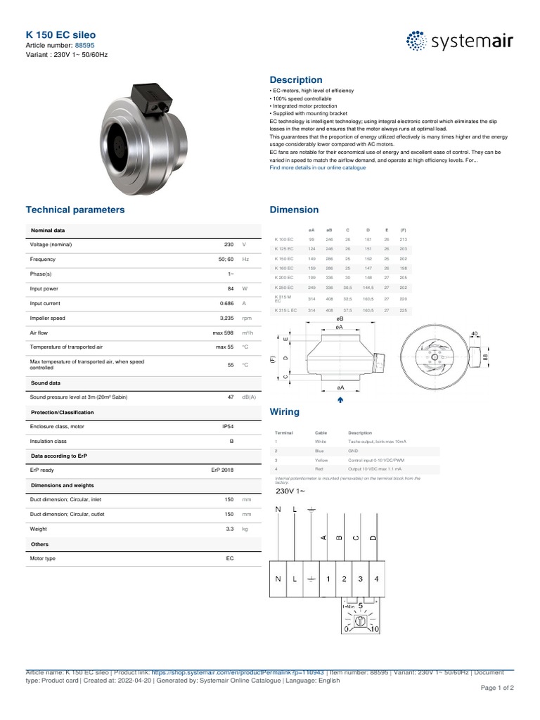 K 150 EC Sileo Technical Specifications | PDF | Electric Motor | Quantity