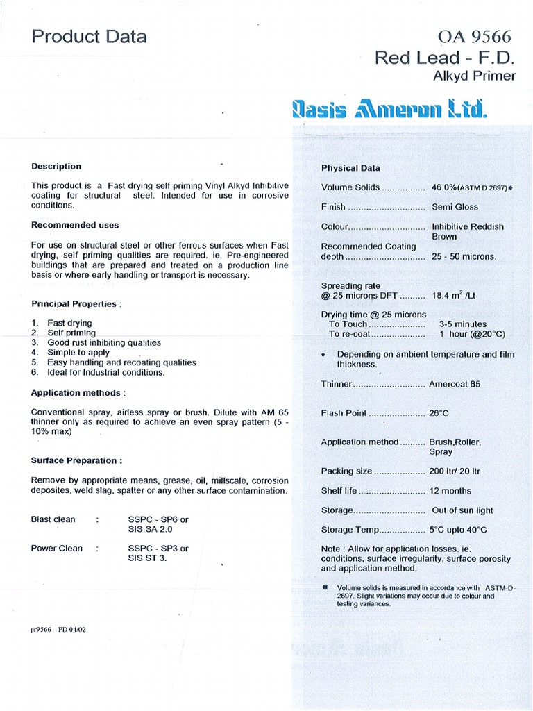 Red Lead Oxide Paint Data Sheet PDF