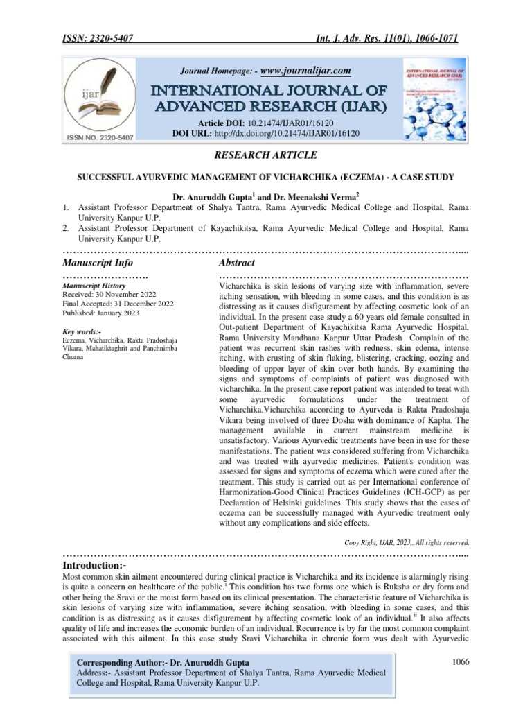 Successful Ayurvedic Management of Vicharchika (Eczema) A Case Study