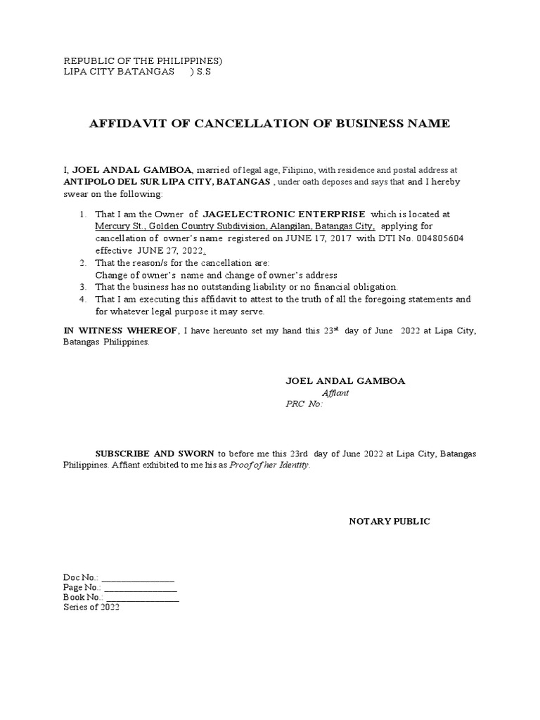 Affidavit requesting cancellation of business name registration due to