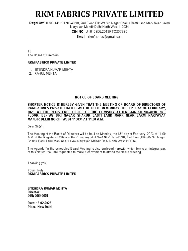 Annexure 1 Notice of The Board Meeting PDF Business Economics