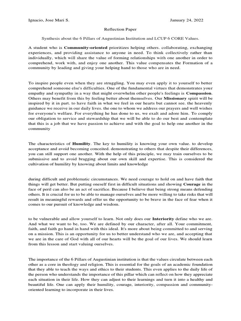 Augustinian Pillars & LCUP Core Values | PDF | Courage | Psychology