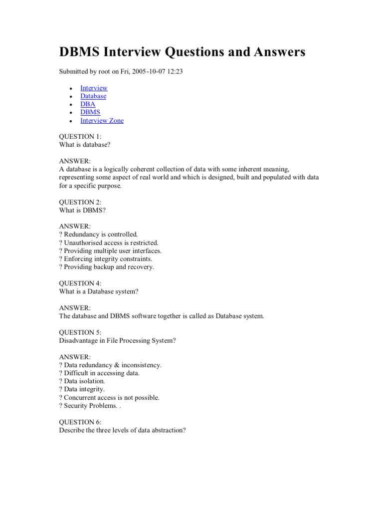 DBMS Interview Questions and Answers | Relational Database ...