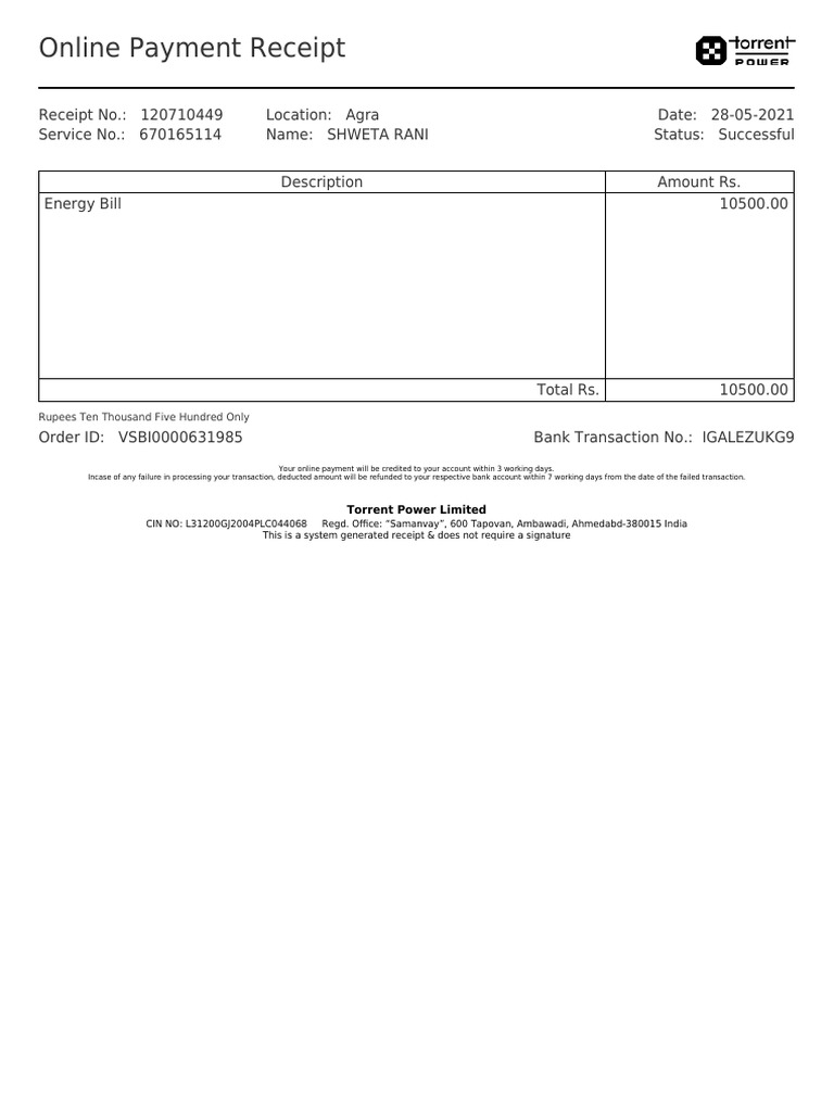 Last Online Payment Receipt | PDF