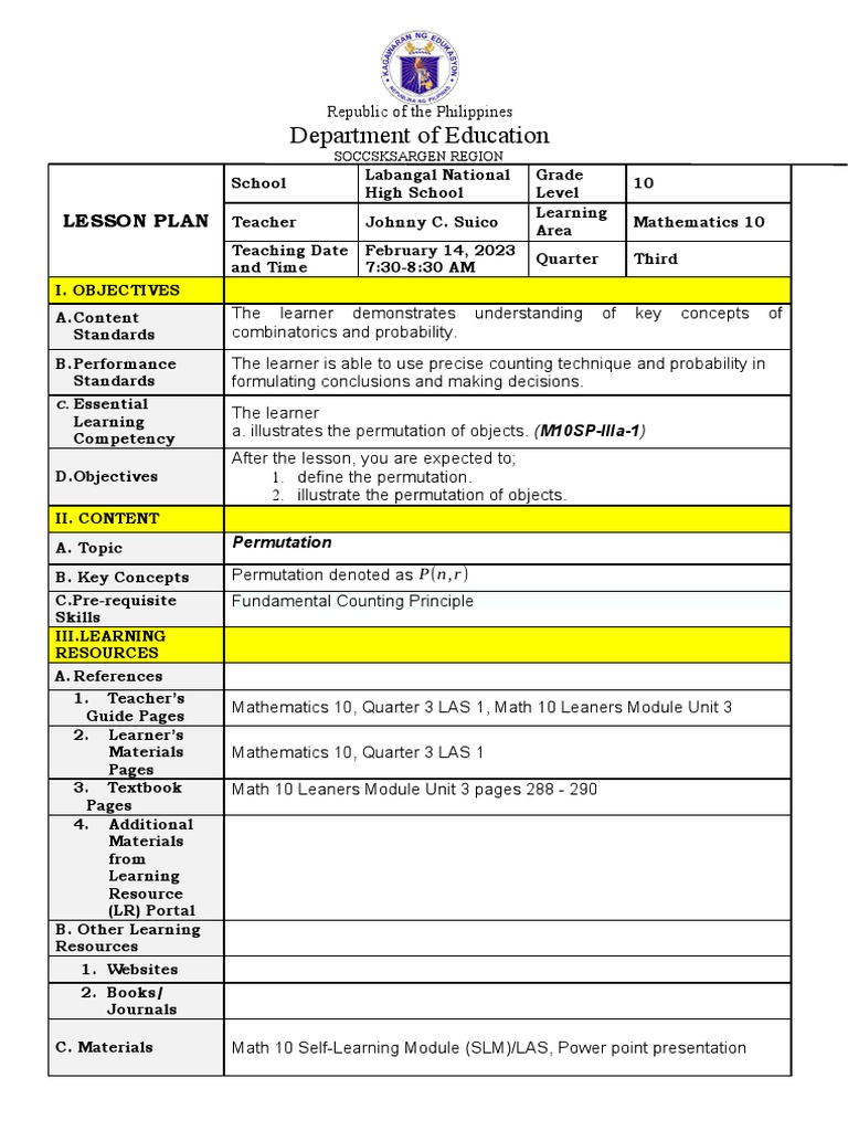 Grade 10 Permutation Lesson Plan | PDF | Permutation | Mathematics