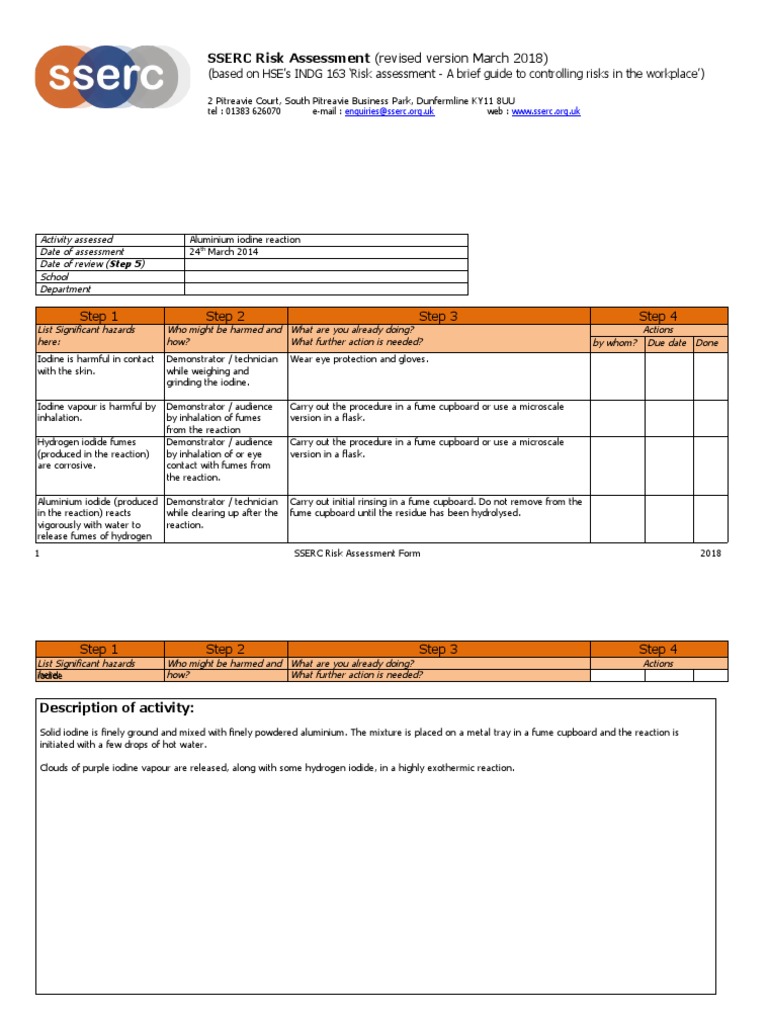 Risk Assessment for the Aluminium Iodide Reaction Experiment PDF Iodine Chemical Reactions