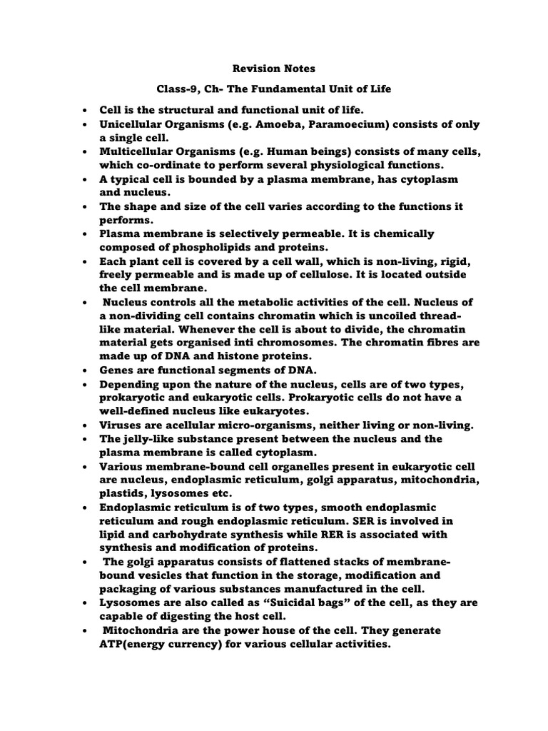 Class-9, Revision Notes, Cell | PDF | Cell (Biology) | Endoplasmic ...
