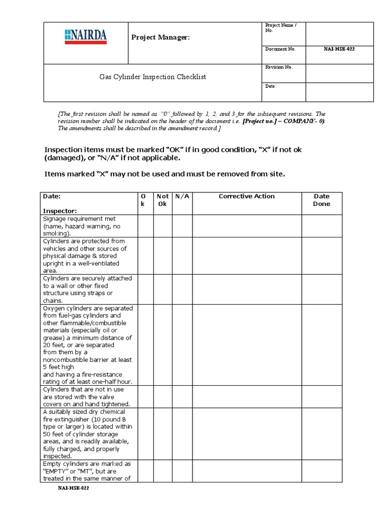 (NAIHSE022) Gas Cylinder Inspection Checklist Download Free PDF