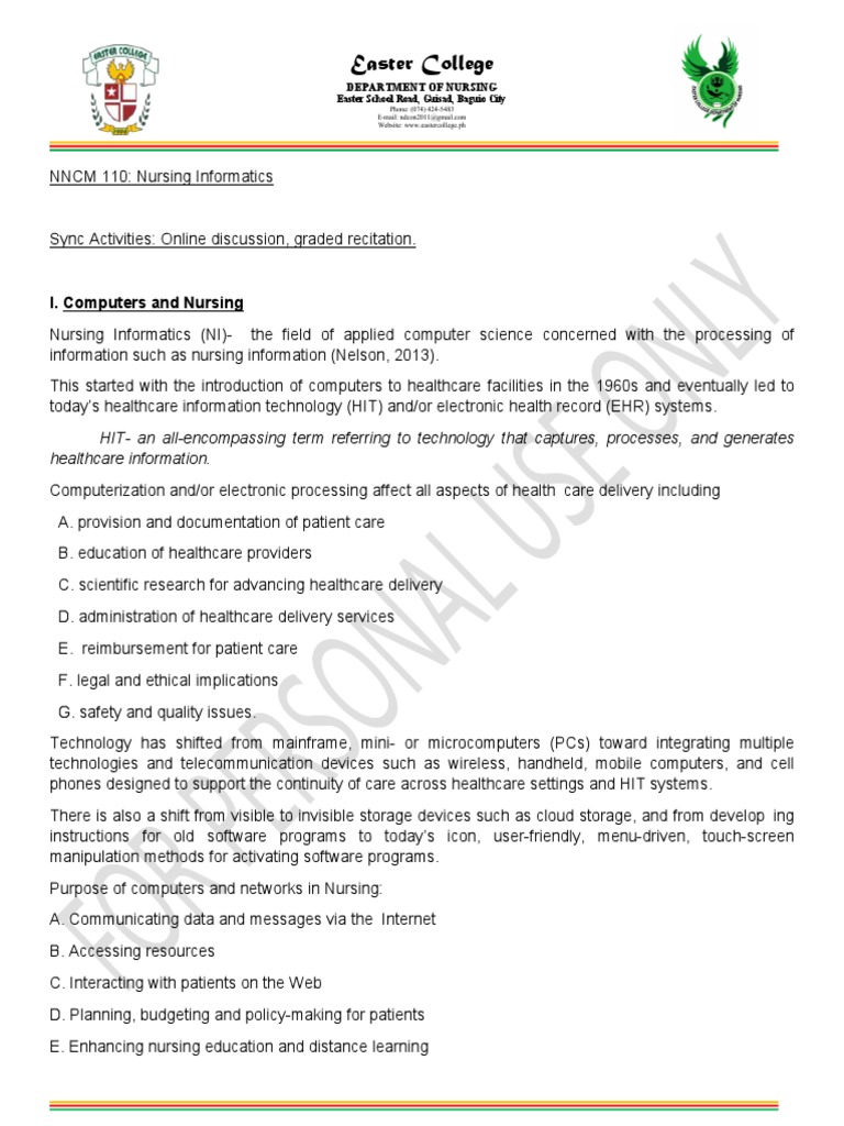 Nursing Informatics Computers and Nursing Handout SC | PDF | Health ...