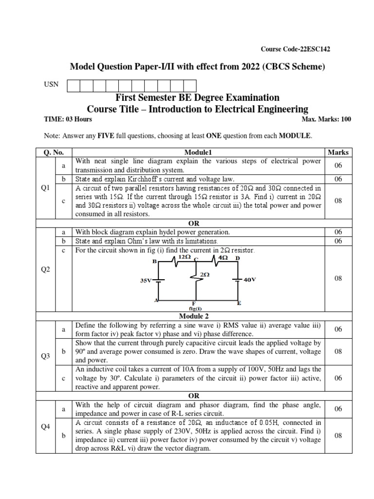 Analysis of a model question paper for an introduction to electrical