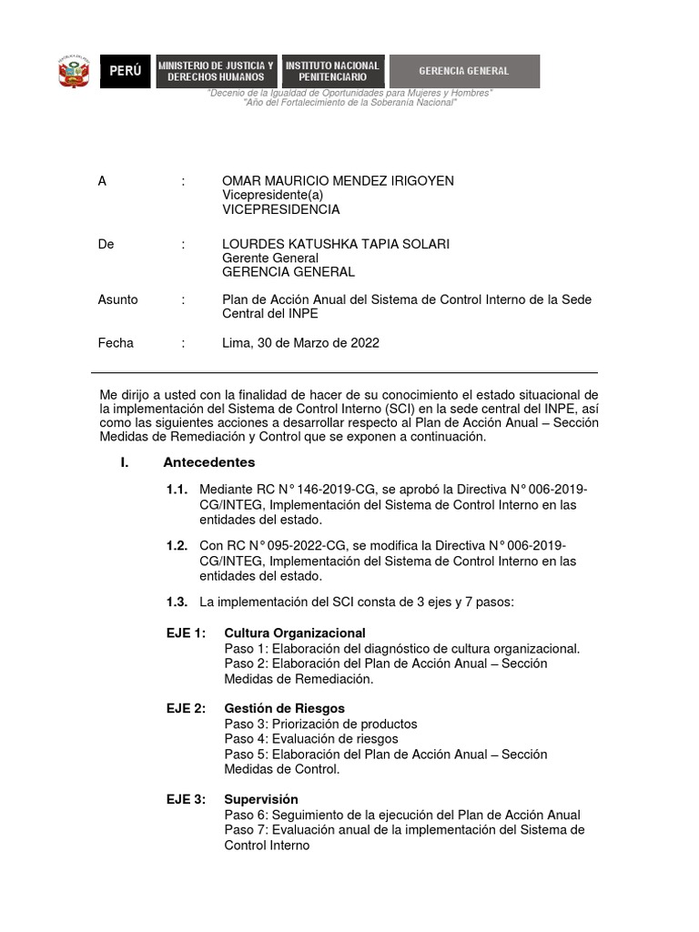 Plan de Acción Anual del SCI INPE | PDF | Presupuesto | Perú