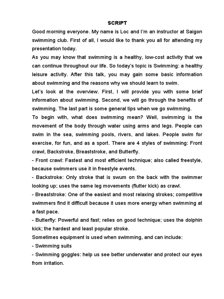 SCRIPT Swimming | PDF | Swimming (Sport) | Swimming
