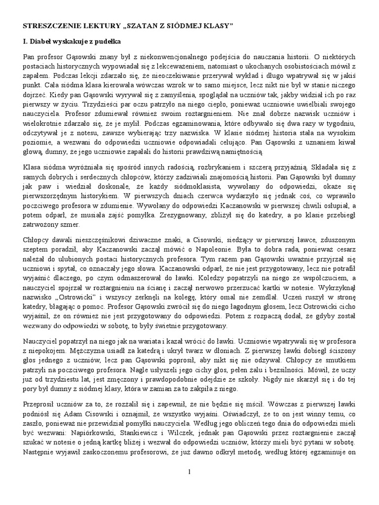 Opis Bohaterów Szatan Z Siódmej Klasy Streszczenie Lektury Szatan Z Siodmej Klasy | PDF