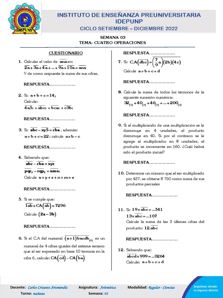 Operaciones Aritméticas y Problemas | PDF | División (Matemáticas ...