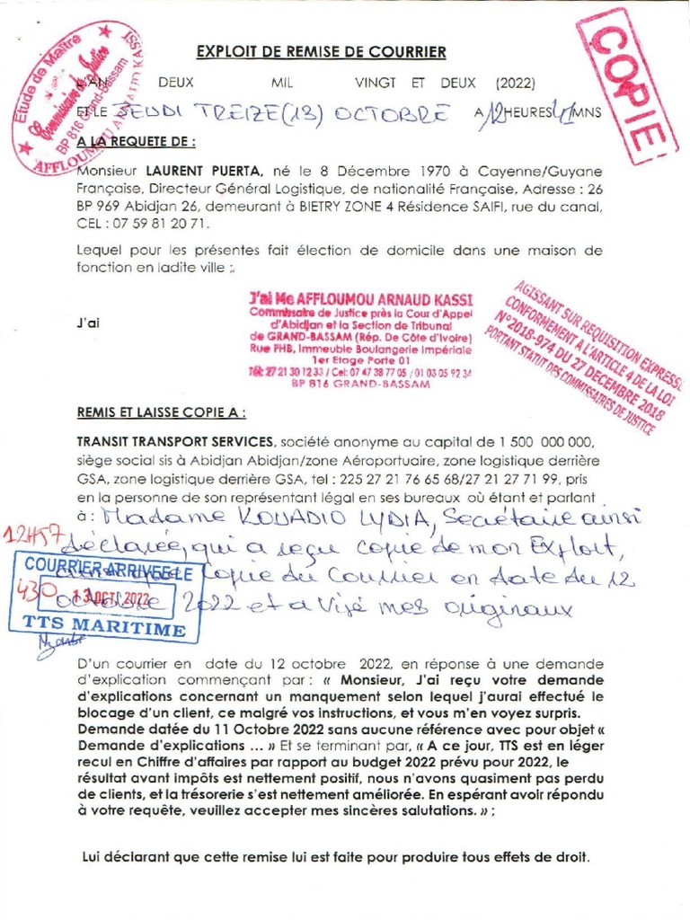 Tts - Etude de Maitre Affloumou - Exploit de Remise de Courrier - M ...
