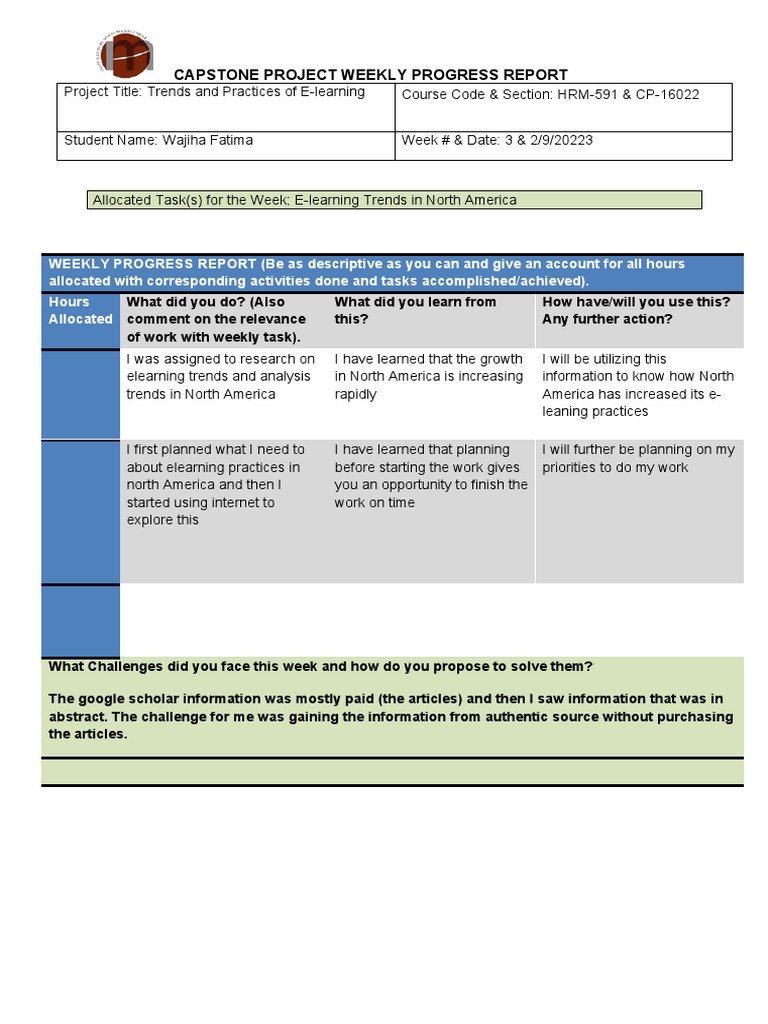 BBA Capstone Weekly Progress Report Template | PDF | Educational ...