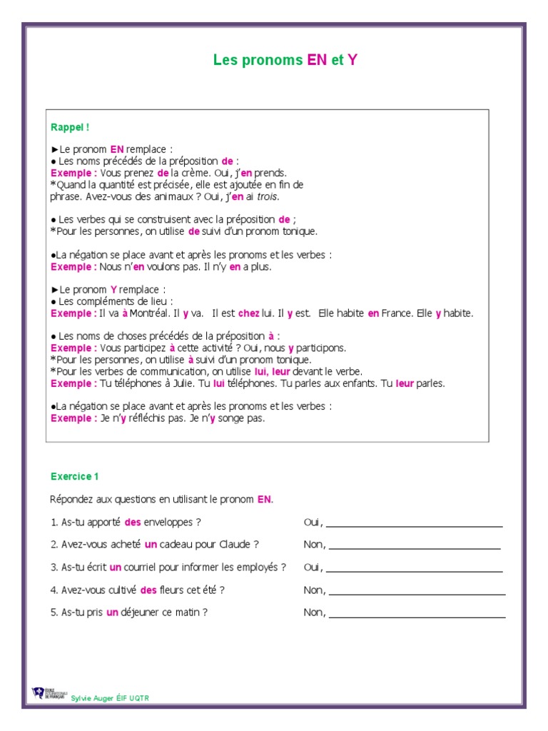 Exercices sur les pronoms EN et Y | PDF | Pronom | Linguistique