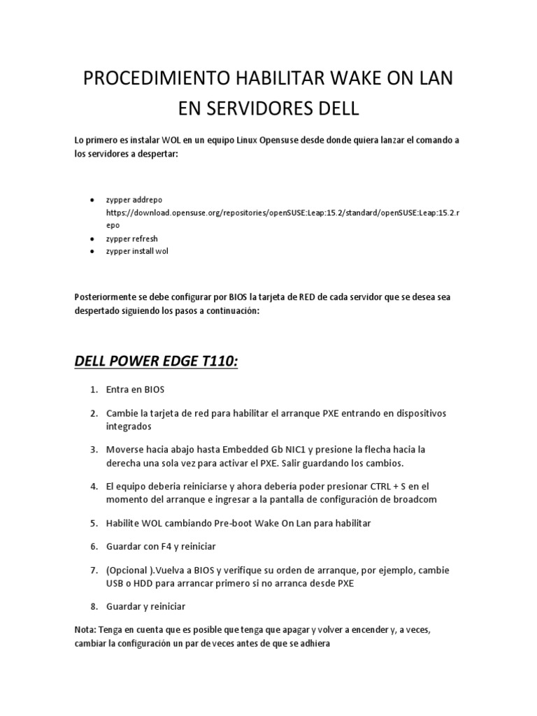 Habilitar Wake on LAN en Servidores Dell | PDF