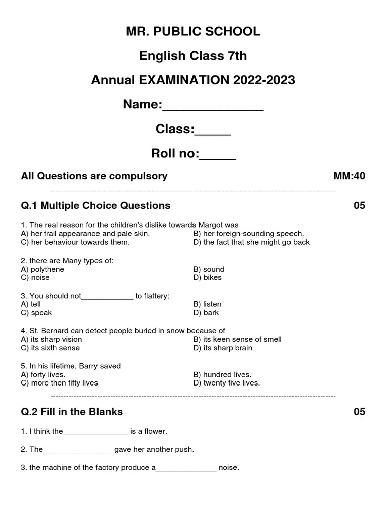 Class 7 Annual English Exam Paper 2023 | PDF | English Language ...