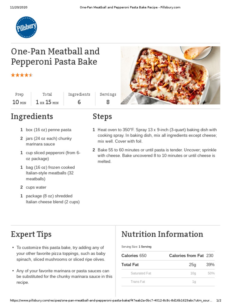 OnePan Meatball and Pepperoni Pasta Bake Recipe PDF Pasta Fat