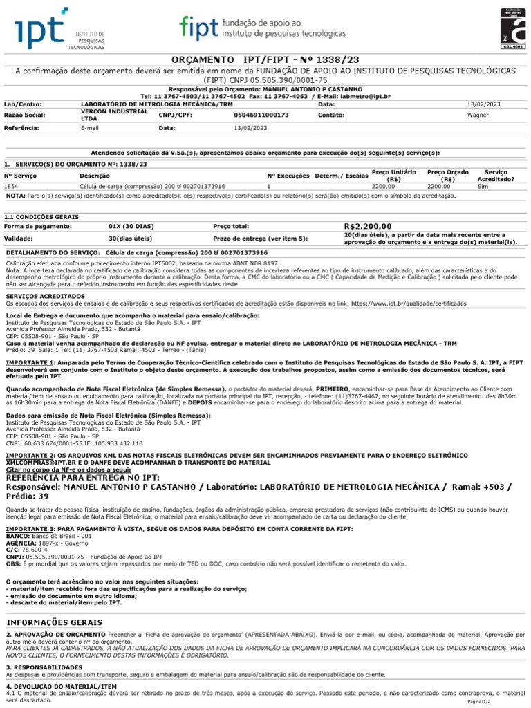 Calibração de Célula de Carga 200tf | PDF | Metrologia | Recibo