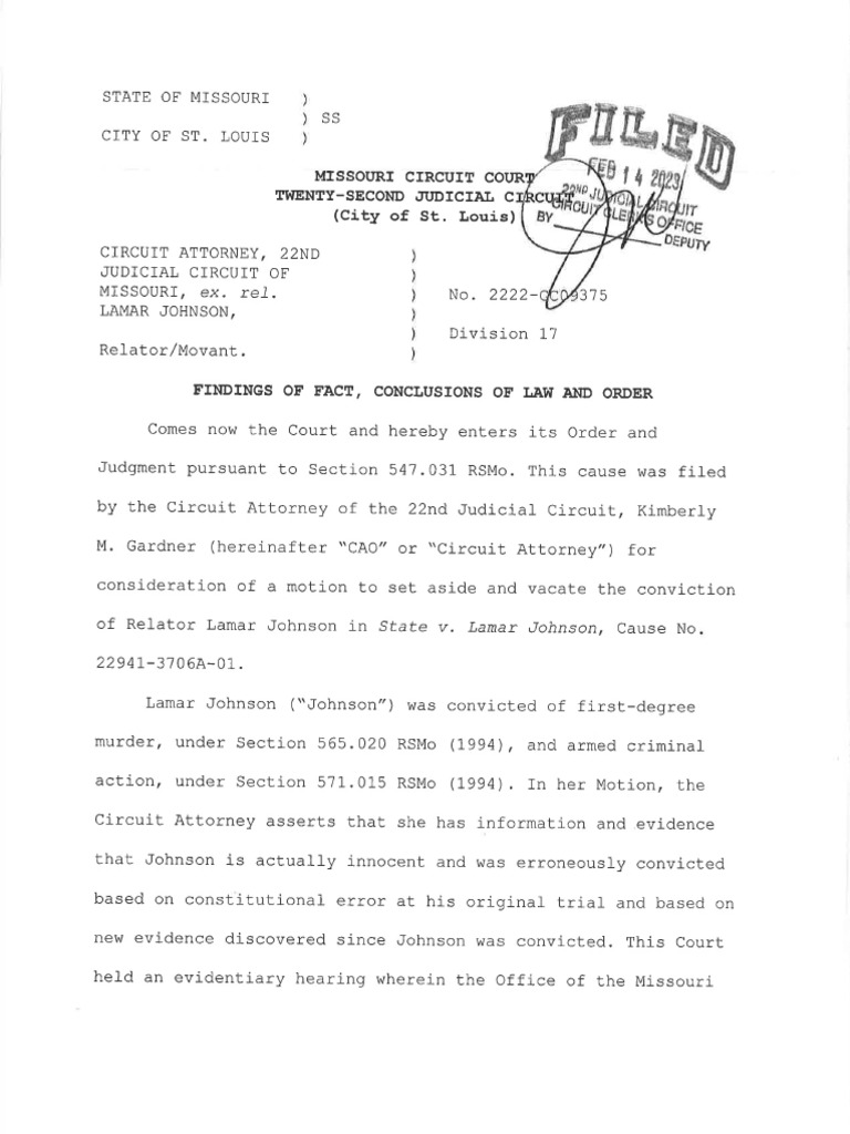Judge's Order in Lamar Johnson Case | PDF