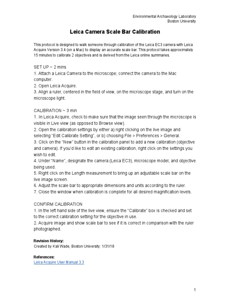 Leica Camera Scale Bar Calibration Protocol PDF