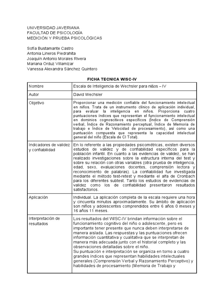 Ficha Técnica del WISC-IV para Niños | PDF | Escala de inteligencia